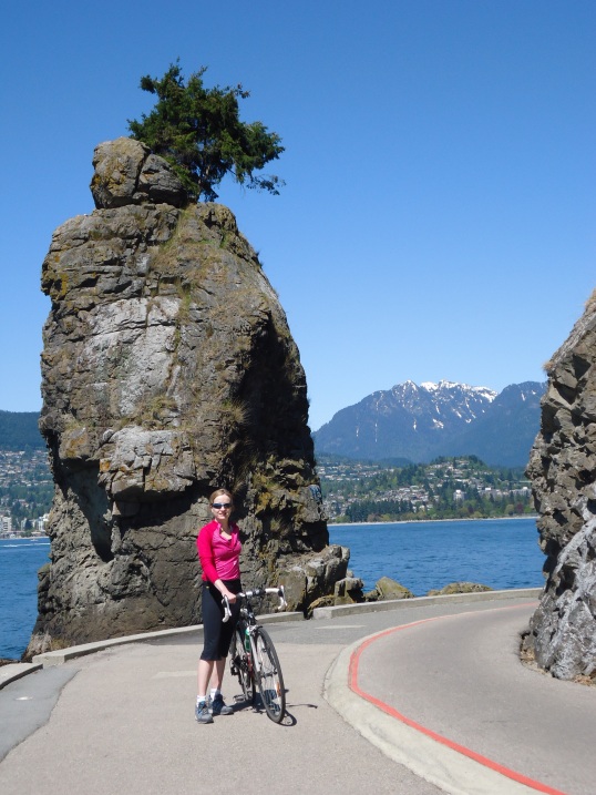 Riding on the west side of Stanley Park with North Van in background