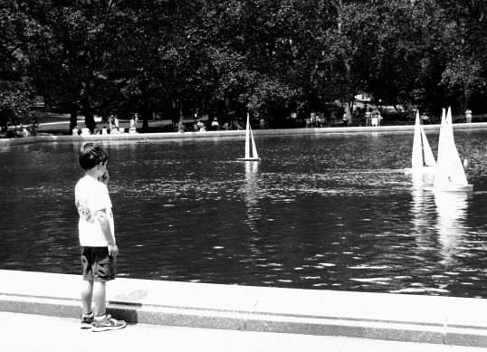 Young boy stares longingly at the remote-control sailboats on the Conservatory Water in Central Park